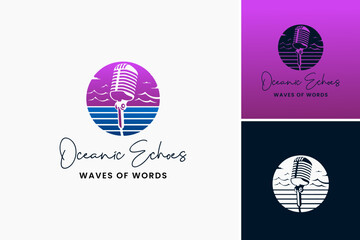 Oceanic Echoes: Waves of Words Logo: A serene design featuring ocean waves and flowing script, symbolizing inspiration and creativity. Perfect for writers' groups, publishing houses.