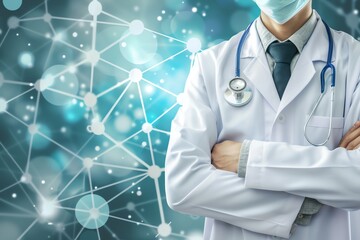 Doctor in uniform holding stethoscope and crossed arms. Hospital or clinic background and copy space