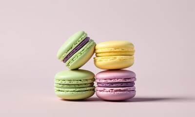 Obraz premium Four macarons arranged in a square on pink background.