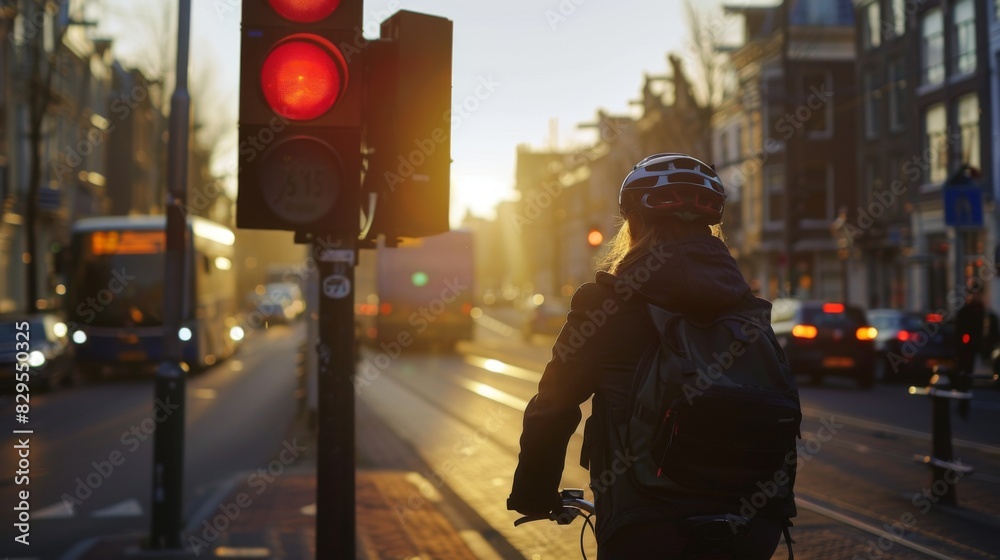 Poster a cyclist waiting at a traffic light showing red, with urban buildings and a bus in the background.