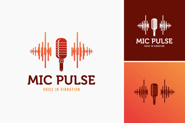 Mic Pulse: Voice in Vibration Logo: A dynamic design with a microphone and vibrating waves, symbolizing energy and expression. Ideal for music studios, podcasters, or voiceover artists.
