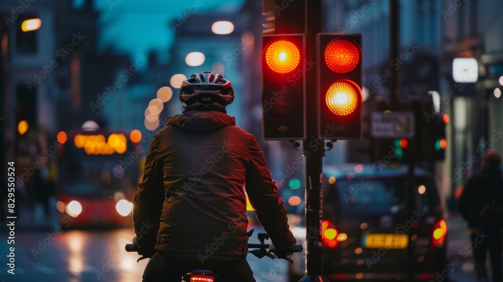 Poster a cyclist waiting at a traffic light showing red, with urban buildings and a bus in the background.