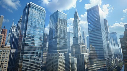 3D Financial District: Capture a bustling financial district in 3D, with iconic skyscrapers, corporate offices, and stock exchange buildings.