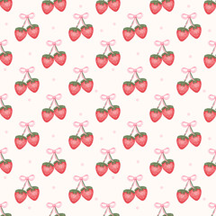 Coquette Strawberry  Pink Bow Ribbon Retro Vintage Girly Style Seamless Pattern