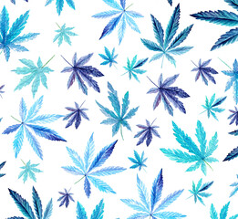 Cannabis pattern isolated on white background, mint or blue leaves. Watercolor illustration, medicine herb plant