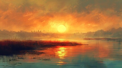Fototapeta premium A digital painting of a golden sunrise over a tranquil landscape.