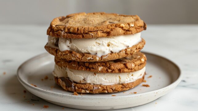 A delicious ice cream sandwich made with chewy cookies and creamy ice cream, a nostalgic and satisfying dessert option.