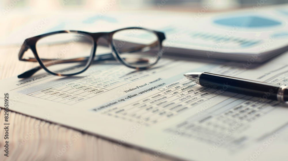 Aufkleber a detailed view of a balance sheet and financial statement on a desk, with a pen and glasses next to
