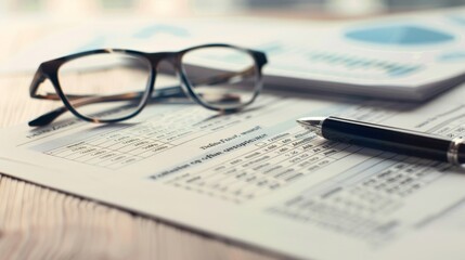 A detailed view of a balance sheet and financial statement on a desk, with a pen and glasses next to it.