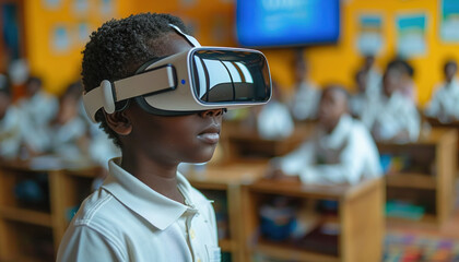 In a classroom, a young boy wearing a virtual reality headset is engaged in an immersive experience