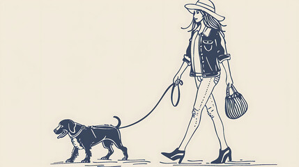 A young woman is walking her dog. She is wearing a hat, a denim jacket, and jeans. The dog is wearing a harness. They are walking on a leash.