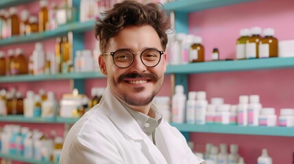 Young Pharmacist Exuding Joy in a Vibrant Work Environment