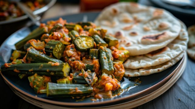 A detailed view of a delicious plate of bhindi masala (spicy okra) with fresh chapatis on the side