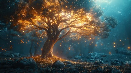 A conceptual image of a radiant tree in a peaceful forest.