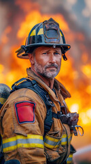 Naklejka premium In front of a roaring fire, a firefighter in protective gear is positioned and prepared for duty