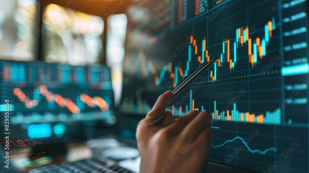 Poster A detailed view of a stock market graph on a computer screen, with a hand holding a pen pointing at a trend line.