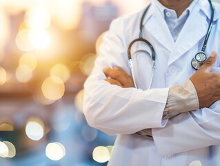 Doctor in uniform holding stethoscope and crossed arms. Hospital or clinic background and copy space