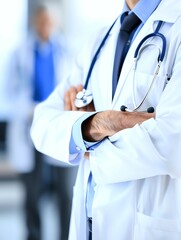 Doctor in uniform holding stethoscope and crossed arms. Hospital or clinic background and copy space