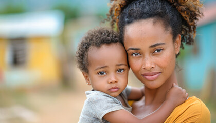 Fototapeta premium The woman is tenderly holding a little child close to her chest with care and affection