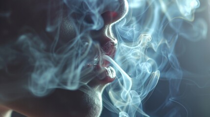 A dramatic close-up of smoke being exhaled through a person's lips, with the smoke curling and dissipating into the air.