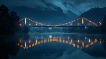 A dramatic shot of a suspension bridge lit up at night, with its reflection perfectly mirrored in...