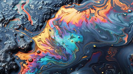 Fototapeta premium Detailed close-up of an oil spill with iridescent colors on a water surface, capturing the beauty and complexity of the contamination