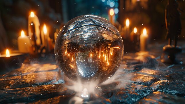 A crystal ball sits on a table, surrounded by flickering candles.