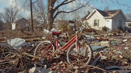Close-up of a child's bicycle buried in debris, with damaged homes in the background, after a severe tornado tore through the neighborhood