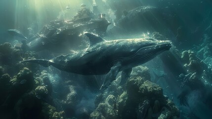 Fototapeta premium A large white whale swims gracefully through a deep blue ocean. The whale's body is covered in scars, but it is still beautiful and majestic.