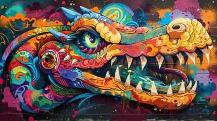 Obraz premium A graffiti of a crocodile with its mouth open, the colors are bright.