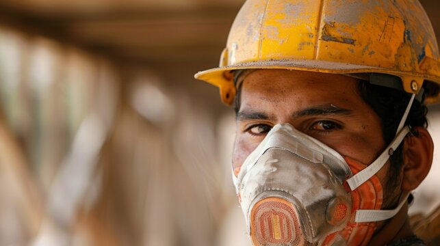 A construction worker wearing a mask to protect against inhaling harmful fumes from equipment as well as to prevent pollutants from affecting nearby wildlife.