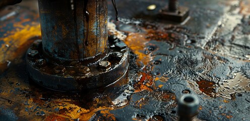 Close-up of a mechanical piston covered in oil and grease, scuffs on the metal surface, oil-stained floor below, raw and industrial