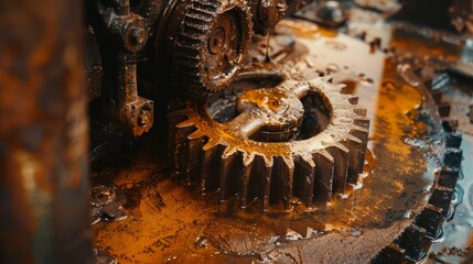 Close-up of a rusty gear mechanism, covered in oil and grease, scuffed and worn, with an oil-stained factory floor below, raw detail