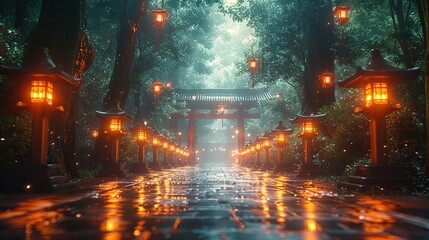 Obraz premium A glowing path leading to a distant temple.