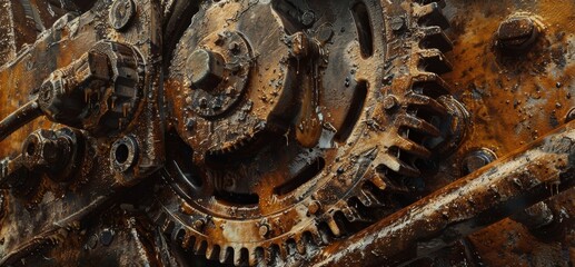 Close-up of a rusty gear mechanism, covered in oil and grease, scuffed and worn, with an oil-stained factory floor below, raw detail