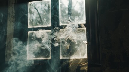 A dramatic shot of smoke from a cigarette swirling in front of a window, with the light casting shadows through the smoke.