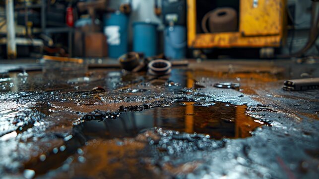 Close-up of a puddle of engine oil on a grimy workshop floor, with rusty tools and debris partially submerged in the oil