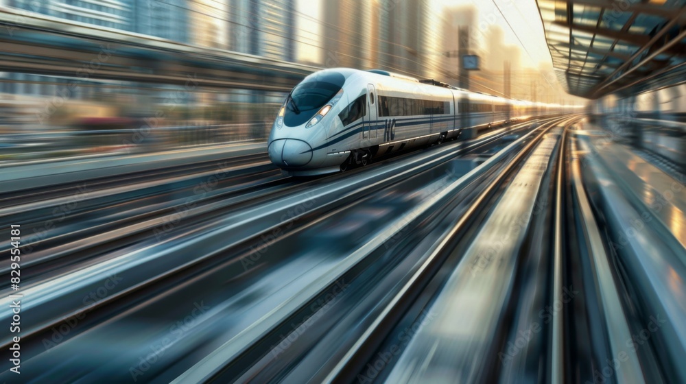 Poster a dynamic shot of a high-speed train accelerating on a straight stretch of track, showcasing its pow