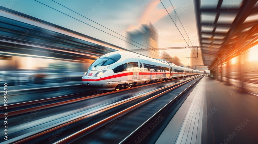 Poster a dynamic shot of a high-speed train accelerating on a straight stretch of track, showcasing its pow