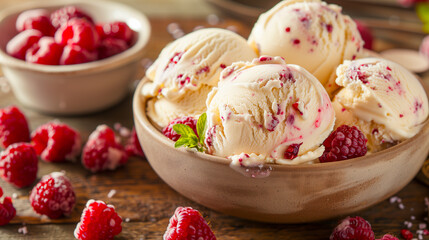 Raspberry Ripple Ice Cream in a picnic scene, served with fresh raspberries.