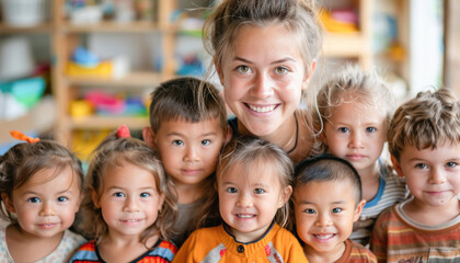 Fototapeta premium A woman is smiling and posing for a photo with a joyful group of children at an event
