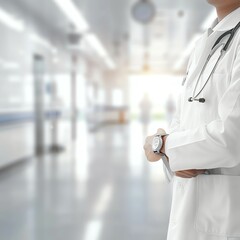 Doctor in uniform holding stethoscope and crossed arms. Hospital or clinic background and copy space