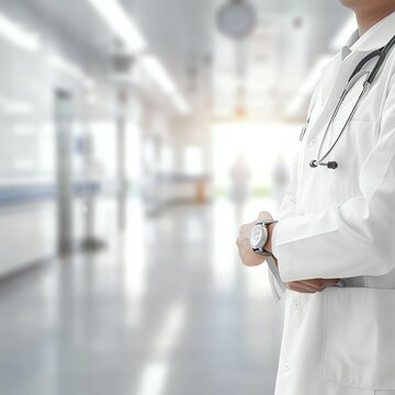 Doctor in uniform holding stethoscope and crossed arms. Hospital or clinic background and copy space