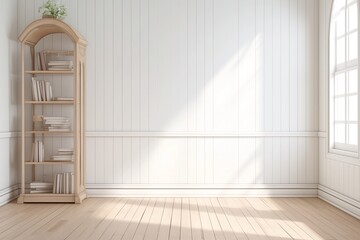 white wood plank wall decorated with wooden shelves