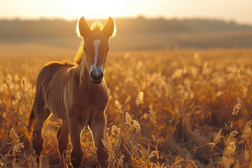 A baby horse standing in a field, looking graceful and strong - Powered by Adobe