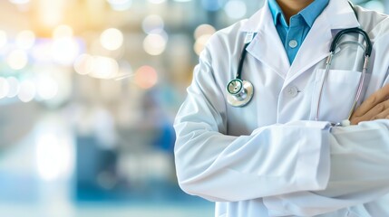 Doctor in uniform holding stethoscope and crossed arms. Hospital or clinic background and copy space