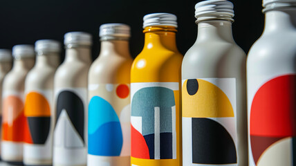 Row of colorful bottles with abstract geometric designs.