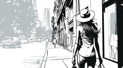 Young woman walking down the street in a hat.