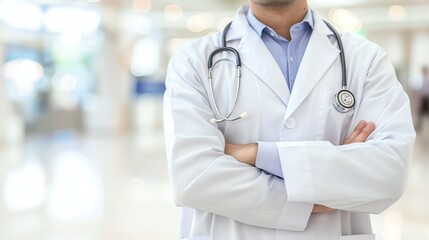 Doctor in uniform holding stethoscope and crossed arms. Hospital or clinic background and copy space