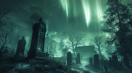 Obraz premium The dark cemetery is full of tombstones.